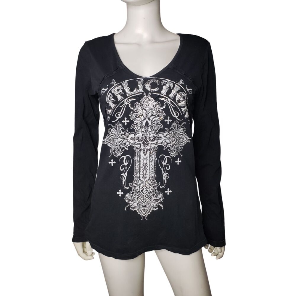 Affliction Versailles Cross Fishnet Back Long Sleeve T Shirt Womens Size Large
